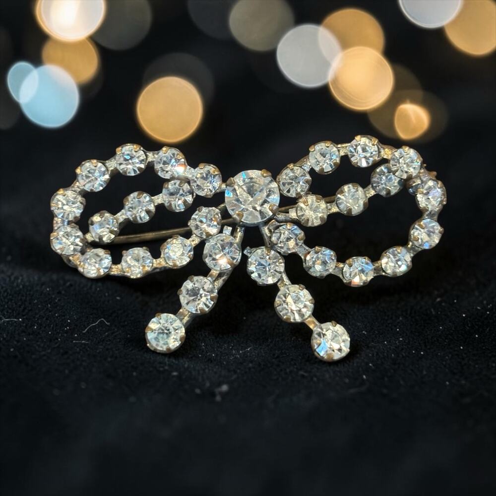 Antique Rhinestone Bow Brooch Art Deco Sparkle Paste Glass Ribbon Pin
